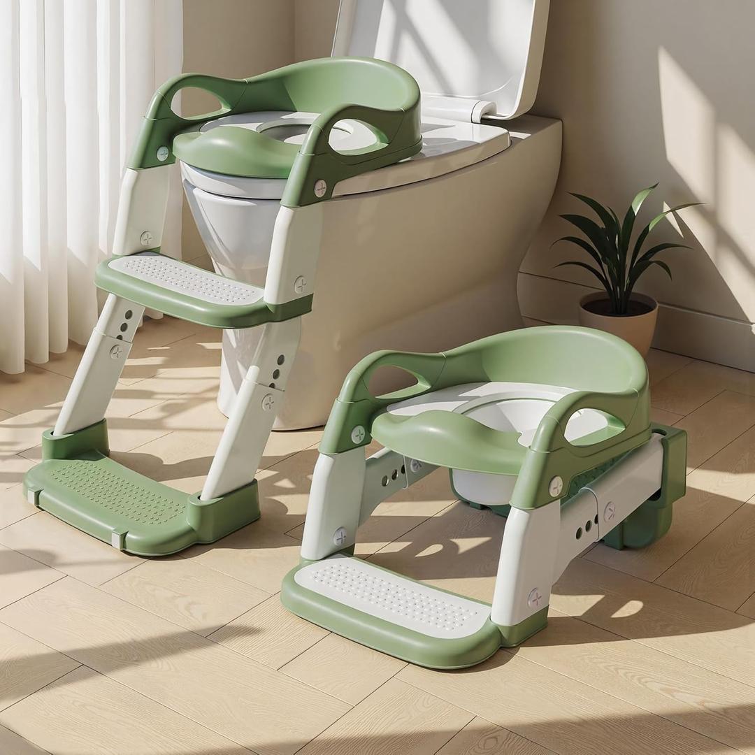 3-in-1 Potty Training Seat & Training Toilet & Potty Chair, Height AdjustableToddler Toilet Seat for Kids, Foldable Potty Training Toilet with Splash Guard & Anti-Slip Steps (Green)