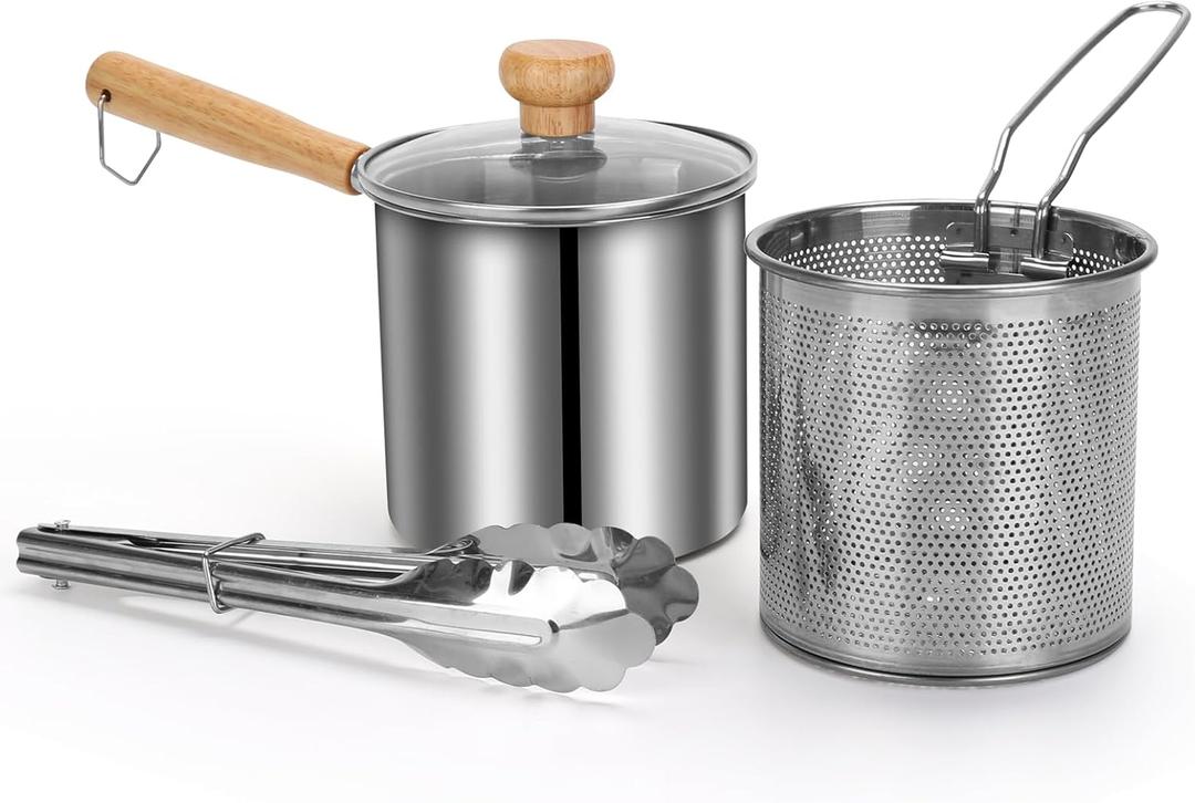 Small Deep Fryer Pot with Basket, Mini Fryer and Soup Pot with Tongs and Lid for 1-2 People, Works on Gas or Induction Burner, Dishwasher Safe, 1.3-Quart