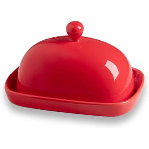Sweejar Ceramic Butter Dish with Lid for Countertop,Porcelain Butter Keeper with Knob Handle,Butter Container for East/West Coast Butter, 7.3*4.1 inches (Red), L