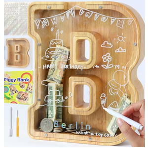 WeAllBuy Wooden Letter Piggy Bank AZ Personalized Kids Coin Bank with Stickers Marker Screwdriver (B)