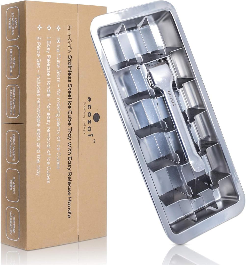 ecozoi Stainless Steel Metal Ice Cube Tray with Easy Release Handle | 18 Ice Cube Slots | Removable Slots for Easy Ice Cube Removal and Cleaning | Sustainable, Eco Friendly, Zero Waste, Plastic Free