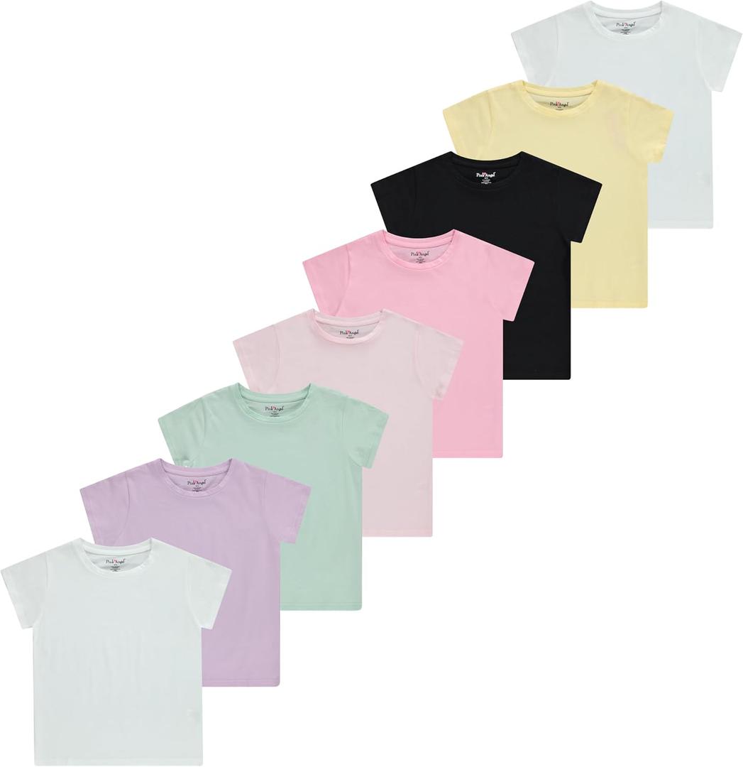 Pink Angel Girls' 8-Pack Cotton T-Shirts Crew Neck Short Sleeve Tees, Solid Color Multipack, Sizes 416