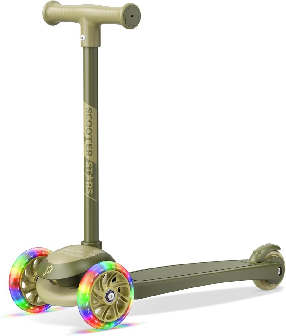 3 Wheel Scooter for Kids, Smooth Light Up LED Front Wheels, Wide Anti Slip Deck, Rear Foot Brake, Easy Lean to Steer Maneuvering, Indoor & Outdoor Ride On Toys for Ages 2 Up, (Army)