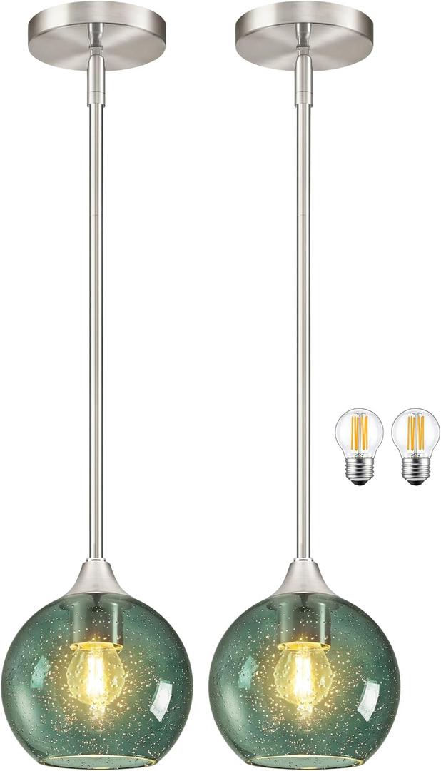 6" Gray Green Glass Modern Pendant Light Kitchen Island 2PK Mid Century Brushed Nickel Modern Pendant Lighting with Glass Globe Modern Hanging Pendant Light for Dining RoomBulb Incl.