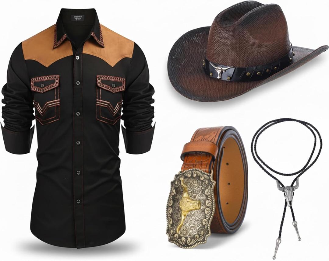 Yahenda 4 Pcs Men Western Cowboy Outfit Cowboy Shirt PU Leather Belt Western Accessories for Carnival(XX-Large)