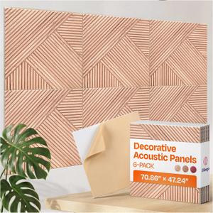 XL Acoustic Wall Panels 6-Pack Decorative Acoustic Panels High Density Sound Absorbing Wall Art 70.86X47.24 Inches with Self-adhesive for Studio Home and Office - Oak Wood Finish