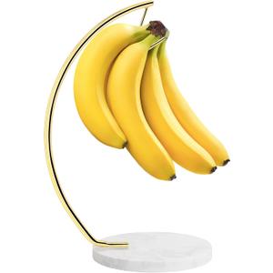 Livabber Banana Holder with Marble Base, Metal Banana Hanger Modern Tree Stand with Hook, Stylish Banana Keeper Fresh Fruit Storage Organizer Freestanding for Kitchen Countertop (Gold, Single Hook)