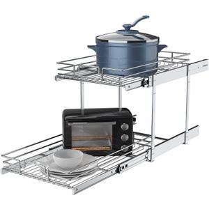 2 Tier Pull Out Cabinet Organizer, 14" W x 21" D Heavy-Duty Metal Sliding Drawer Shelf for Kitchen Cabinets, Chrome, Doesn't Include Door Fittings