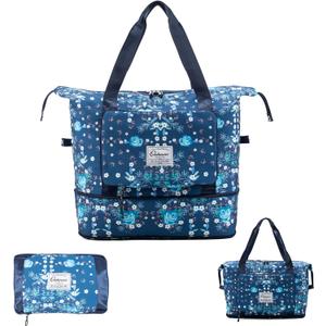 Large Capacity Foldable Travel Bag Expandable Portable Carry on Bag Dry&Wet Separation Sports Duffel Bags (Blue Flower)