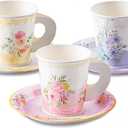 HOMIX 24 Paper Tea Cups and Plates, 7 OZ Disposable Paper Teacups and Saucer Sets for Hot and Cold Drinks for Birthday, Princess, Floral, Tea Party Decorations