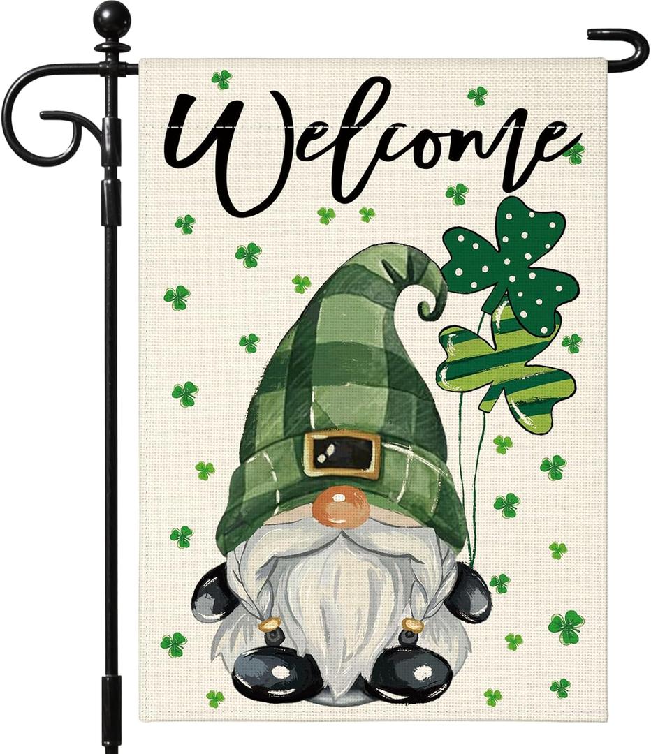 Artscope St Patricks Day Green Gnome Clover Garden Flag 12x18 Inch Double Sided for Outside, Welcome Shamrocks St.Patrick's Day Garden Flag for Holiday Yard Outdoor Decoration