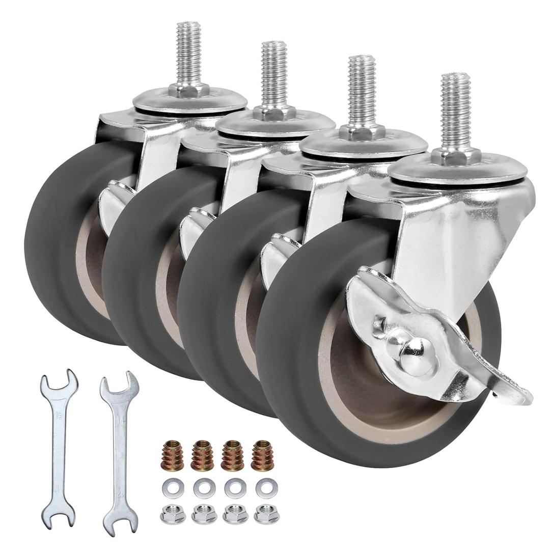 3 Inch Caster Wheels, Threaded Stem Casters Set of 4, Heavy Duty Wheel with Brake, Metric Size M8-1.25-25 (Screw Diameter 8mm, Screw Length 25mm) Casters for Wire Shelving, Furniture Dolly