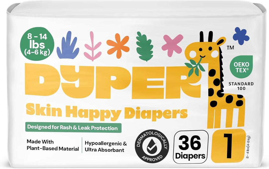 DYPER - Baby Diapers Size 1 (36 Count) - Plant Based Disposable Diapers for Day and Overnight Premium Leak Protection, Skin-Friendly Comfort with Soft Size 1 Diapers (8-14 lbs)