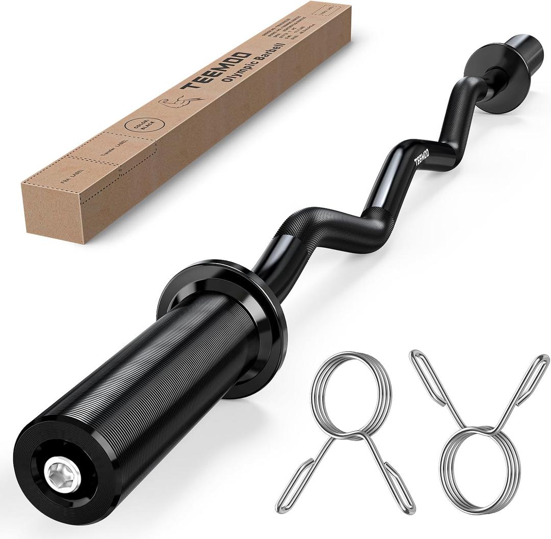 TEEMOO Olympic EZ Curl Barbell Bar, 47" Curl Bar with 2 Spring Collars, Curling bar for Weight Lifting, Squat, Hip Thrusts, Biceps, 500lb Weight Capacity, E-Coat Finish for 2 inch Weight Plates (Black)