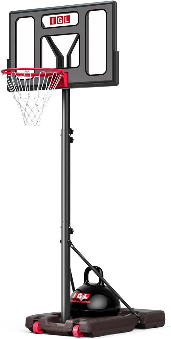 IGL Portable Basketball Hoop for Backyard, Driveway | 3-10ft Adjustable Height for Kids Teens & Adults | 40" Polycarbonate Backboard, Fillable Base for Stability & Easy Mobility on Wheels