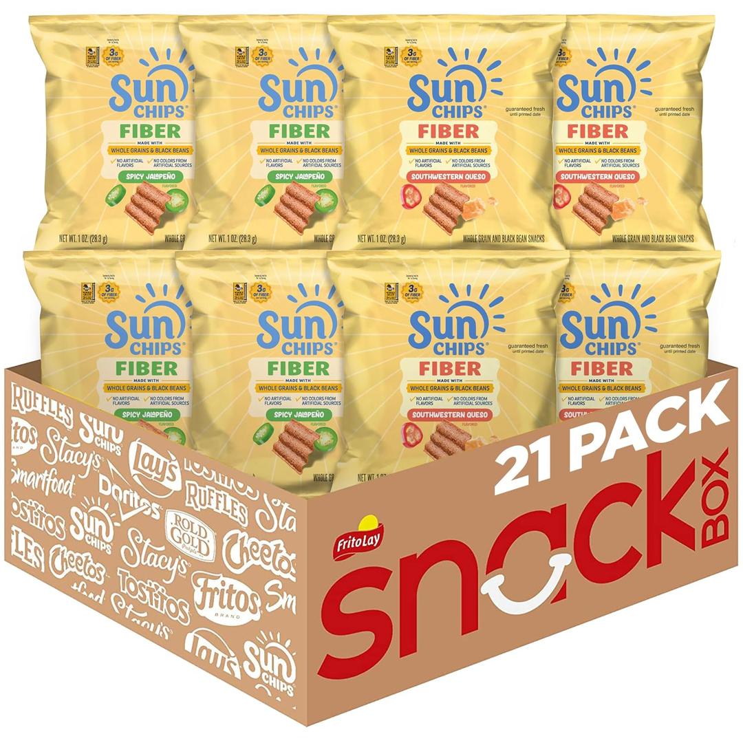 SunChips Fiber Whole Grain and Black Bean Snacks, 2 Flavor Variety Pack, 1 oz Bags, (21 Pack), 3g Fiber, No Artificial Flavors, No Colors from Artificial Sources (EXP 09/08/26)