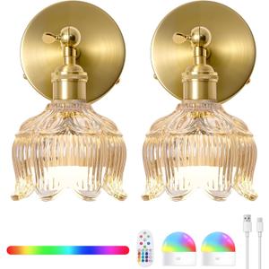 Vintage Battery Operated Wall Sconces - 5000mAh Rechargeable Dimmable Lights with Remote Control - Set of 2 Cognac Flower Glass Cordless Mounted Lighting - Wireless Powered Light Sconce for Bedroom