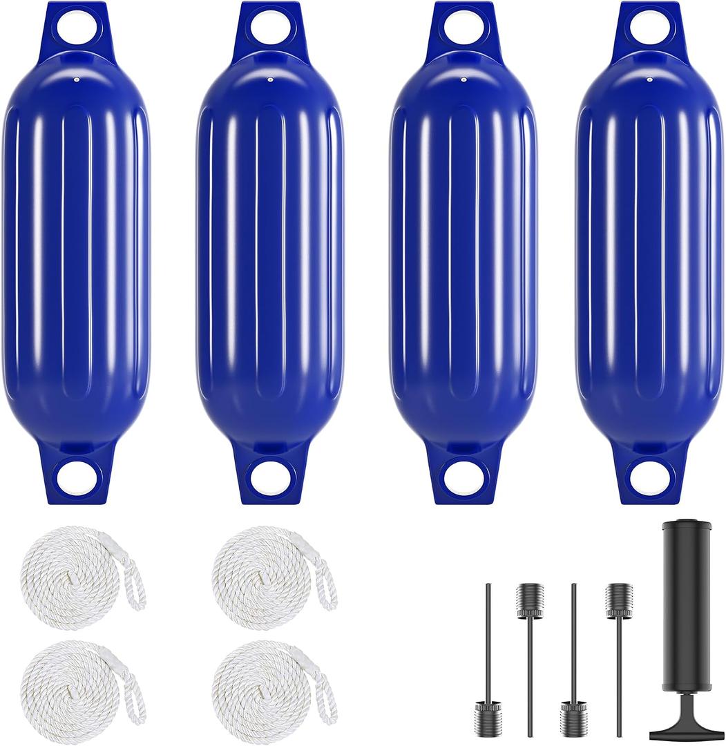 Boat Fenders 4 Pack 4.5"/5.5."/6.5"/8.5" Inflatable Ribbed Marine Bumpers, Twin Eye Design with 4 Ropes & Air Pump, UV & Saltwater Resistant, for Jon Boats, Pontoon Boats