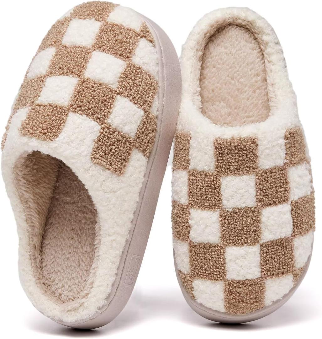 Checkered Girls House Slippers,Comfort,Wool-Like Plush Fleece Lined,in Winter Keep Warm,Slip-On for indoor (12-13 Little Kid, Beige)