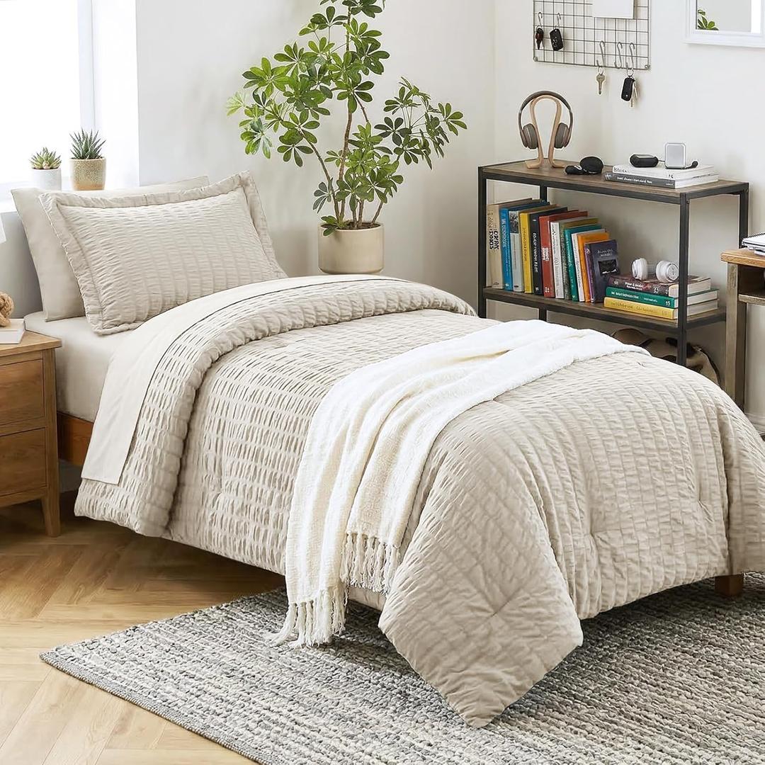 CozyLux Twin Comforter Set with Sheets 5 Pieces, Beige Seersucker Textured Bed in a Bag for Bedroom, Luxury Soft Bedding Sets with Down Alternative Comforter, Sheets, Pillowcase & Sham for All Seasons