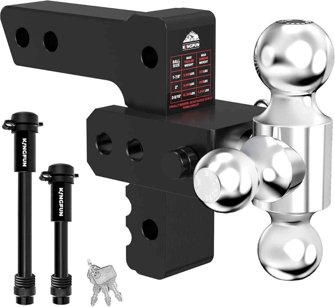 Kingfun Adjustable Trailer Hitch - Drop Hitch Fits 2 Inch Receiver, Tri Ball (1-7/8", 2", 2-5/16") 6 Inch Drop/Rise, 12500 LBS GTW Aluminum Heavy Duty Tow Hitch with Anti-Theft Pin - (Black)
