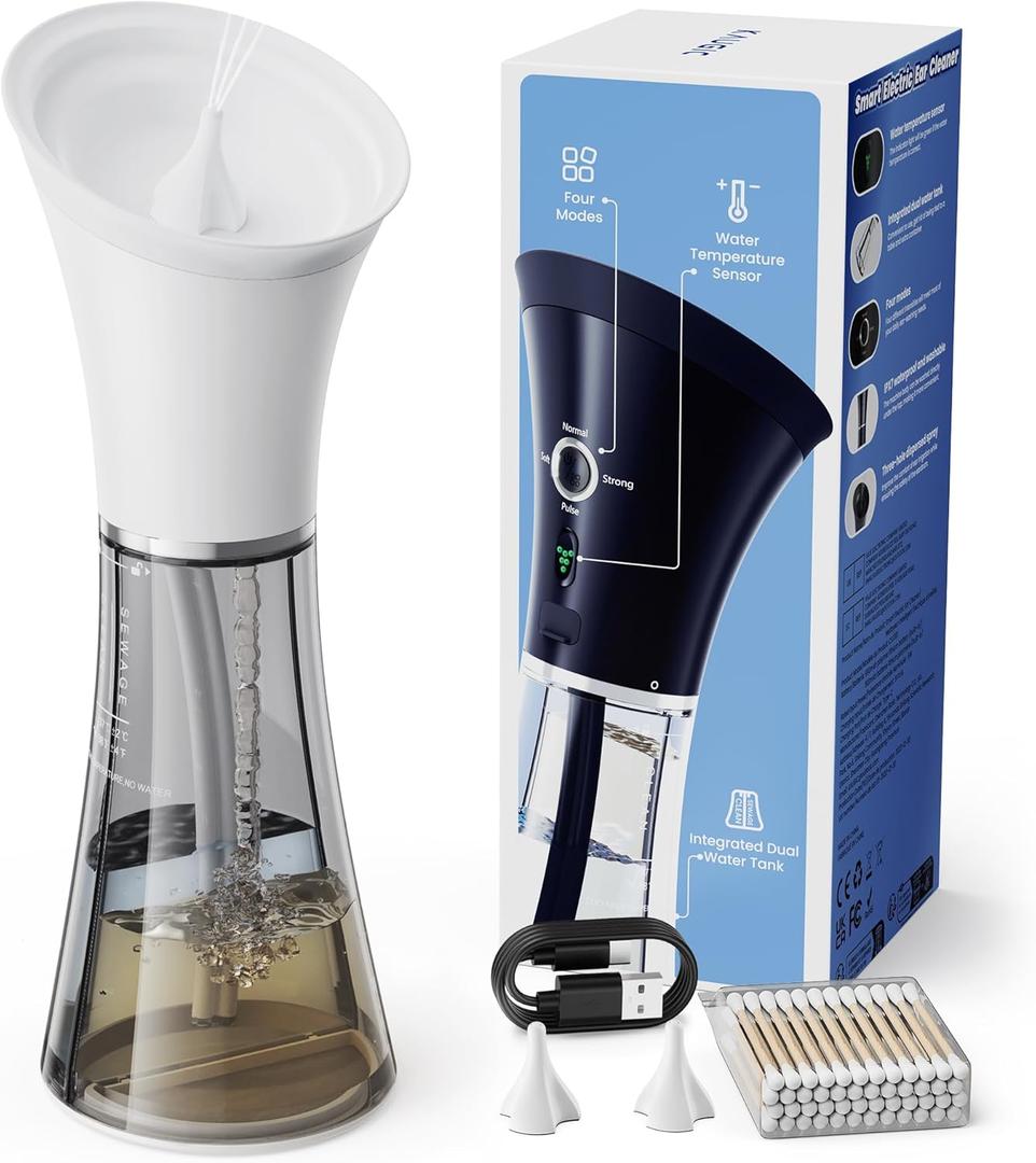 KAUGIC Upgraded Ear Wax Removal with One-Piece Waste Tank, Safe Cleaner with Water Temperature Sensor, Effective Ear Irrigation Kit, IPX7, FSA-HSA-Eligible, White