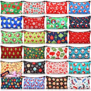 24 Pieces Makeup Bags Bulk Canvas Cosmetic Bags Purse Organizer Zipper Cosmetic Pouch Portable Travel Toiletry Pouch for Women Men Gifts, 7 x 4 Inch (Christmas)