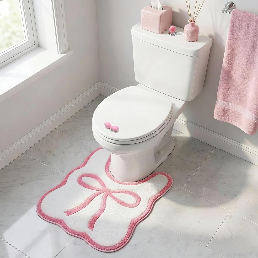 Bow Toilet Rug with Lid Lifter & Button; U-Shaped, Luxury, Scalloped Bathroom Mat; Non-Slip, Cute, Microfiber Soft Rugs Set Pink Pastel Coquette Decor for Toilet Base (Pink, 24 x 20 Inches)
