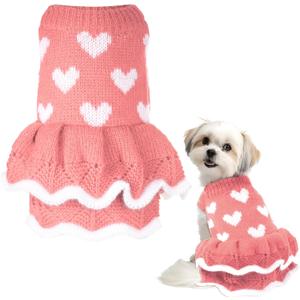 Dog Sweaters Heart Knitted Sweaters Dress Winter Coat Puppy Warm Holiday Clothes for Medium Dogs Cats Christmas New Year Valentine's Day （Medium, Pink）