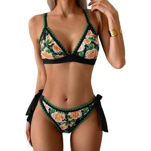 Bikini Sets for Women Floral Two Piece Bathing Suit V Neck Shell Stitched Swimsuit Tie Side Triangle Swimwear M