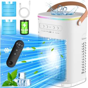 FANCOLE Small Air Conditioner, 5400mAh Battery, 2 Ice Packs & 7H Smart Timer Evaporative Air Cooler, 16.5ft Remote, 7-Color Light, 1200ML Water Tank, 3 Level & 2 Cool Mist Portable AC Unit for Bedroom