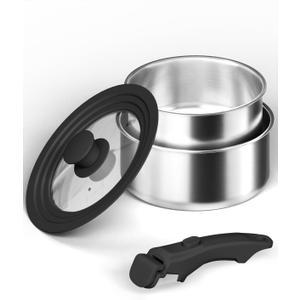 2.0 & 3.0 Quart Saucepan with Lid, Stainless Steel Pot Sets, Kitchen Cookware Set with Removable Handle, Saucepan Set with 18cm and 20cm Pots and Multi-Purpose Silicone Lid  All Stovetop Compatible