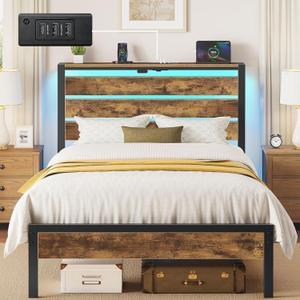 Rolanstar Bed Frame Twin Size with USB Charging Station, LED Bed Frame with Wood Storage Headboard, Rustic Brown Metal Platform Bed with Under Bed Storage, No Box Spring Needed, Noise Free