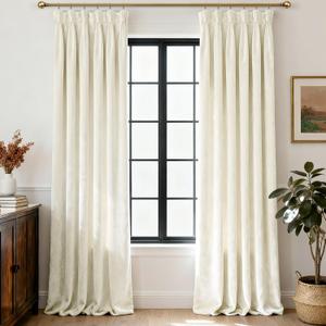 Triple Pinch Pleated Beige White Velvet Curtains 102 inch Long Living Room Darkening Thermal Insulated Luxury Modern Elegant Extra Long Pinch Pleat Drapes Heavy Thick Ivory Velvet Curtain for Bedroom