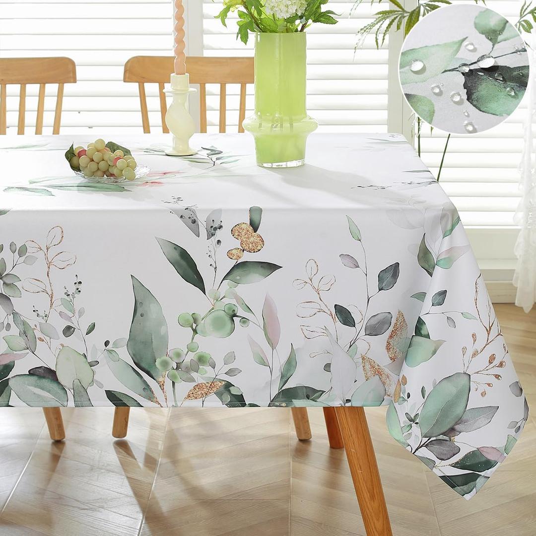 SASTYBALE Spring Summer Tablecloth Rectangle 60 x 84 Inch Eucalyptus Leaf Floral Watercolor Table Cloth, Waterproof Anti Shrink Fabric Table Cover for Dining/Party/Picnic/Indoor/Outdoor, Green