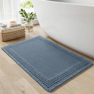 RESARE Waffle Bath Mat for Bathroom, Super Absorbent Bathroom Rugs Non Slip Machine Washable, Ultra Soft Quick Dry Boho Bath Rugs with Tassels for Floor, Upgraded Bordered Design, 24"x36" Blue