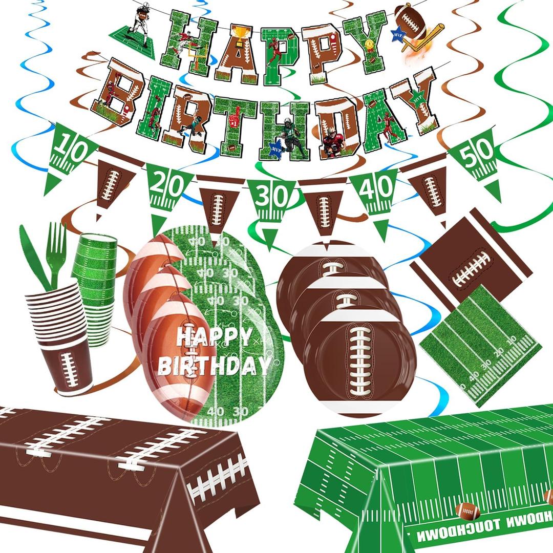 Football Birthday Party Decorations Football Party Supplies Football Plates Napkins Banner Tablecloth Tableware Set for Football Game Day Tailgate Party Decorations, Serve 24