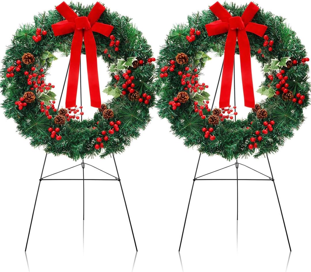 Crowye 4 Pcs Christmas Memorial Cemetery Wreath Set Includes 2 Pcs 20in Christmas Wreath 2 Pcs 30in Easel Stand Holiday Outside Yard Wreath Decoration for Outdoor Gravestone Headstone(Classic)