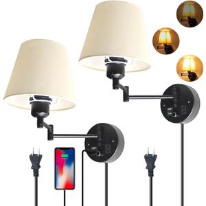 Wall Mounted Bedside Lamps with USB and 2 Pin Socket,Bedroom Sconces Set of 2 Cord and Switch,Dimmable Swing Arm Wall Sconce with White Linen Fabric Shade(E26/E27 Bulbs Not Included)