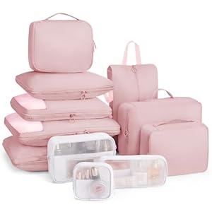Compression Packing Cubes - 11 Set Suitcase Organizers, Expandable Packing Cubes, Pink Travel Essentials