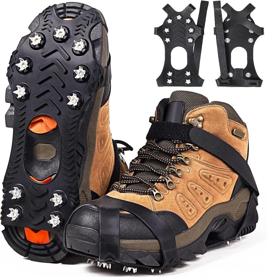 ZUXNZUX Crampons, Ice Cleats for Shoes and Boots, Silicone Stainless Steel Grippers Shoe Spikes Grips Traction for Ice Snow, Winter Hiking Climbing Ice Fishing (Large)