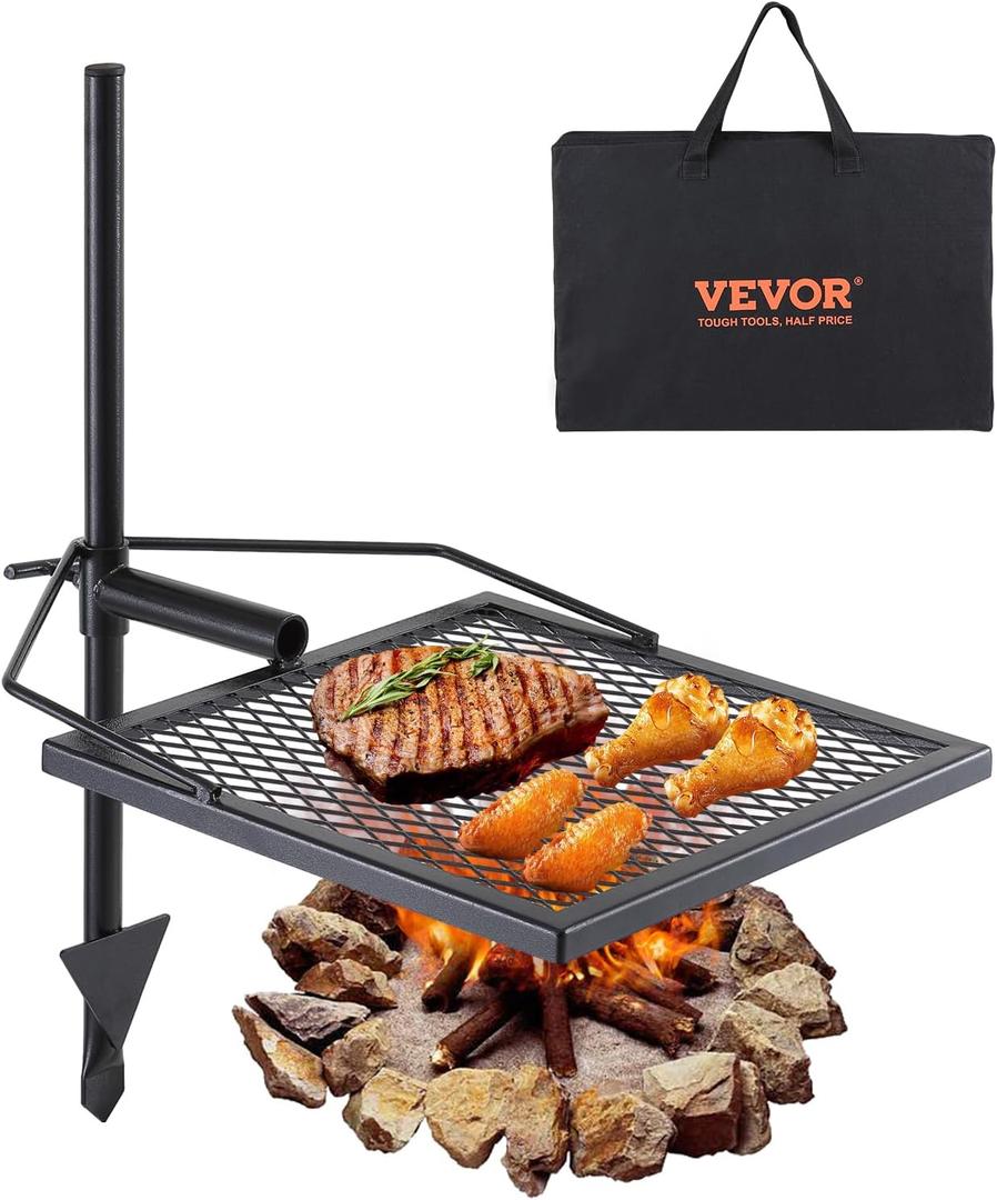 VEVOR Swivel Campfire Grill, Fire Pit Grill Grate over Fire Pits, Heavy Duty Steel Grill Grates, 360 Adjustable Open Fire Outdoor Cooking Equipment, Portable Camp Fire Racks for Camping Outdoor BBQ (16*16 inch)