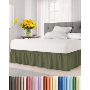 Wrap Around Dust Ruffle Bed Skirt - Sage Green - for Queen Size Beds with 15 Inch Drop - Elastic Strap - Adjustable Pleated Bedskirt with Brushed Fabric and Wrinkle Free - For Women, Men, Kids & Teens