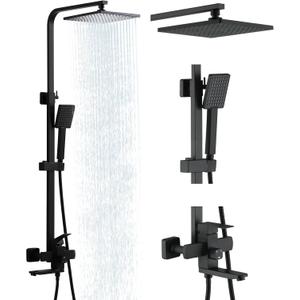 Taplong Matte Black Outdoor Shower Fixture Exposed Bathroom Shower Faucet Set,Shower System with 9" Rain Shower Head Handheld Sprayer Single Handle, SUS304 Triple Function Wall-Mounted Faucet