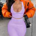2 Piece Outfit Maxi Dress for Women, Summer Deep U Neck Sleeveless Tank Crop Tops Long Skirt Set Party Bodycon Dresses (Purple, XL)