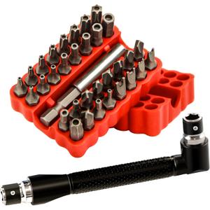 34pcs Security Bit Set 1/4 Inch Hex Shank Screwdriver Bit Set,Tamper Proof Bits-Torx+Hex+Tri Wing+Star+Spanner for Torx Security Screwdriver Set,High Hardness Impact Driver Bit Set(Red+Wrench)