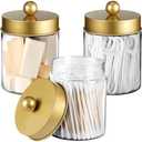 Komashr 3PC Farmhouse Decor Qtip Holder Apothecary Jars Bathroom Vanity Storage Organizer -Countertop Canister Container &Cute Stickers for Cotton Swab,Ball,Pad,Floss,Paper Clips (Gold,Plastic)