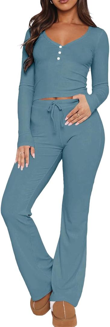 REVETRO Lounge Sets For Women Spring Sexy V Neck Pajama Set Long Sleeve Shirts 2 Piece PJ Set Y2k Workout Sets For GYM (Small, Grey Blue)