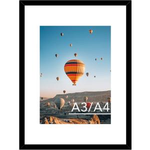 11.7x16.5 A3 Picture Frame Black with 8.3x11.7 A4 Mat, Display Photo 8.3x11.7 with Mat or 11.7 x 16.5 Without Mat, Wall Hanging Large Frame with Plexiglass, Black