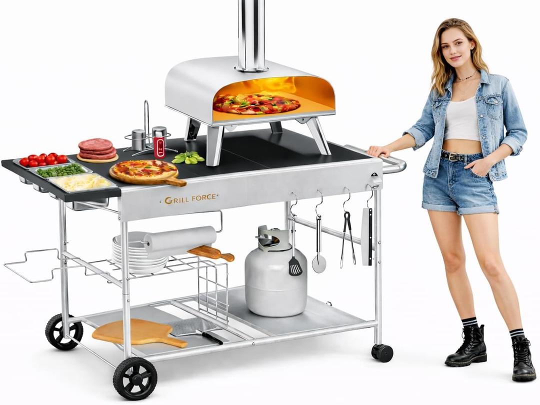 Pizza Oven Table with Topping Station, Outdoor Pizza Oven Cart, Grill Table for Outside, Grill Cart, Food Prep Work cart Fits for Ninja Woodfire Grill, Blackstone Griddle,Tabletop Grill